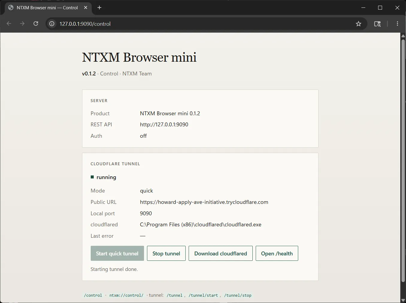 The NTXM Browser Mini control page showing the REST API address, server status and Cloudflare tunnel controls.