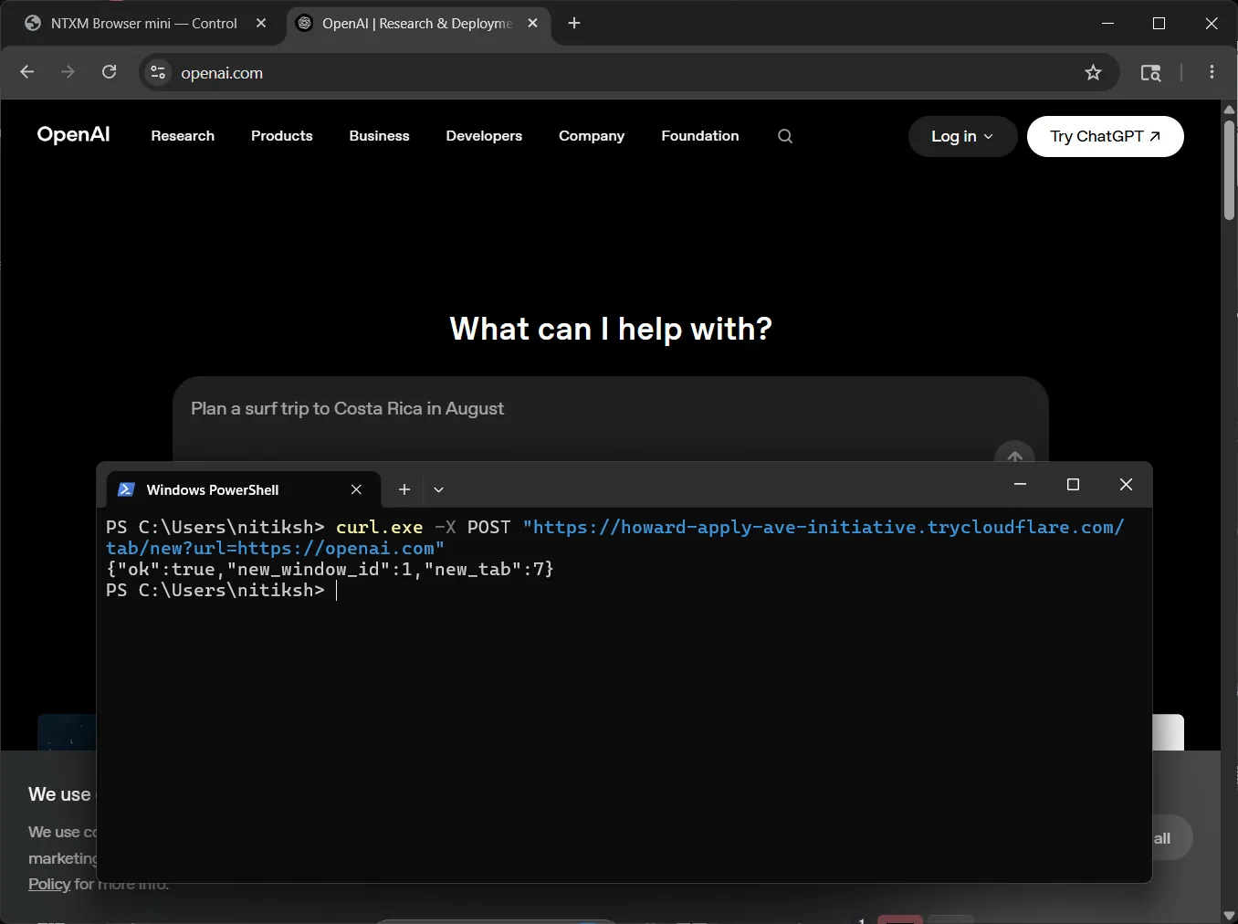 A PowerShell window sending one POST request that opens a new tab in NTXM Browser Mini.