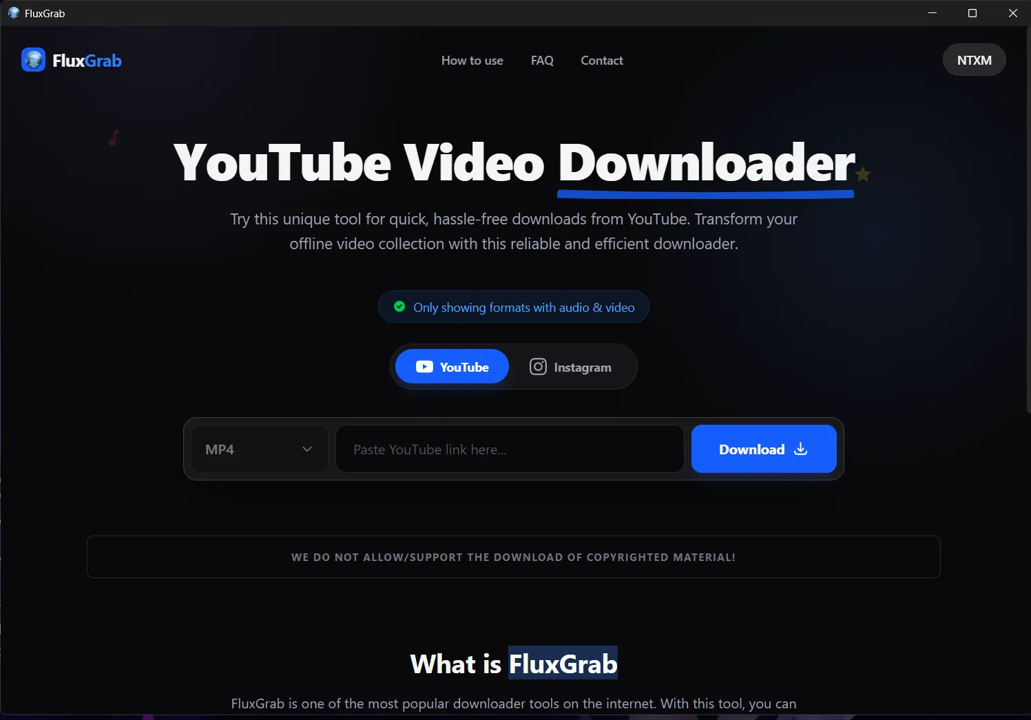 The FluxGrab YouTube Video Downloader screen with YouTube and Instagram tabs, a format menu, a link field and a Download button.
