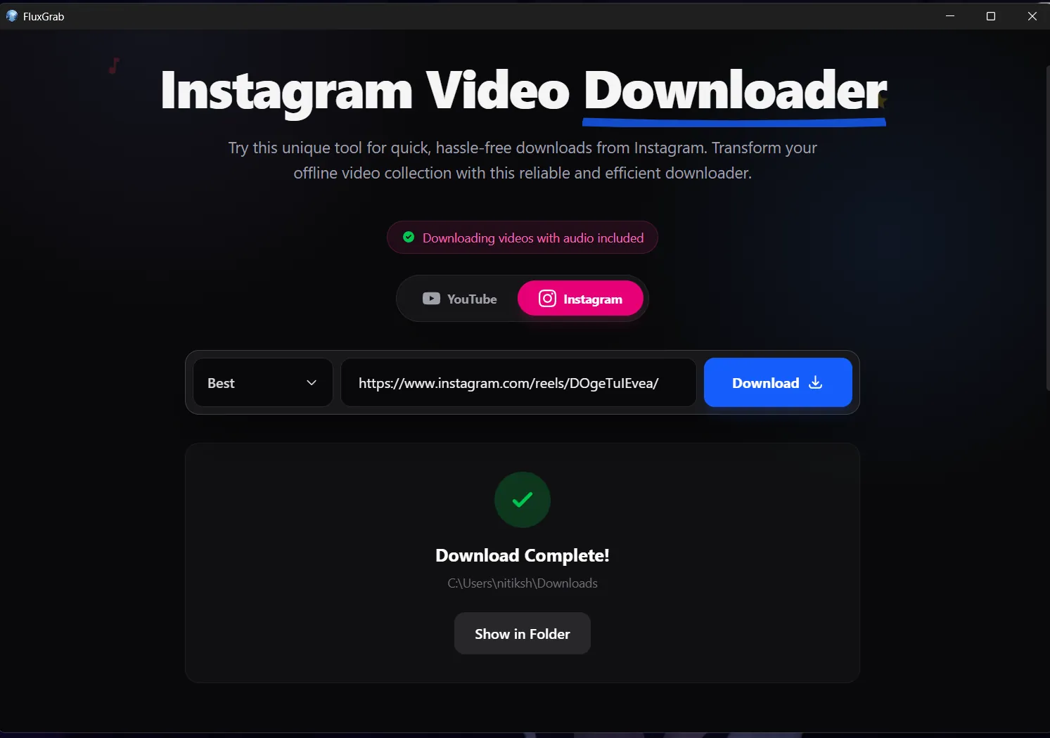 The Instagram Video Downloader tab after a Reel finished downloading.