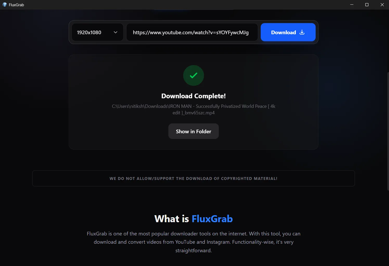 The Download Complete card with the saved file path and a Show in Folder button.