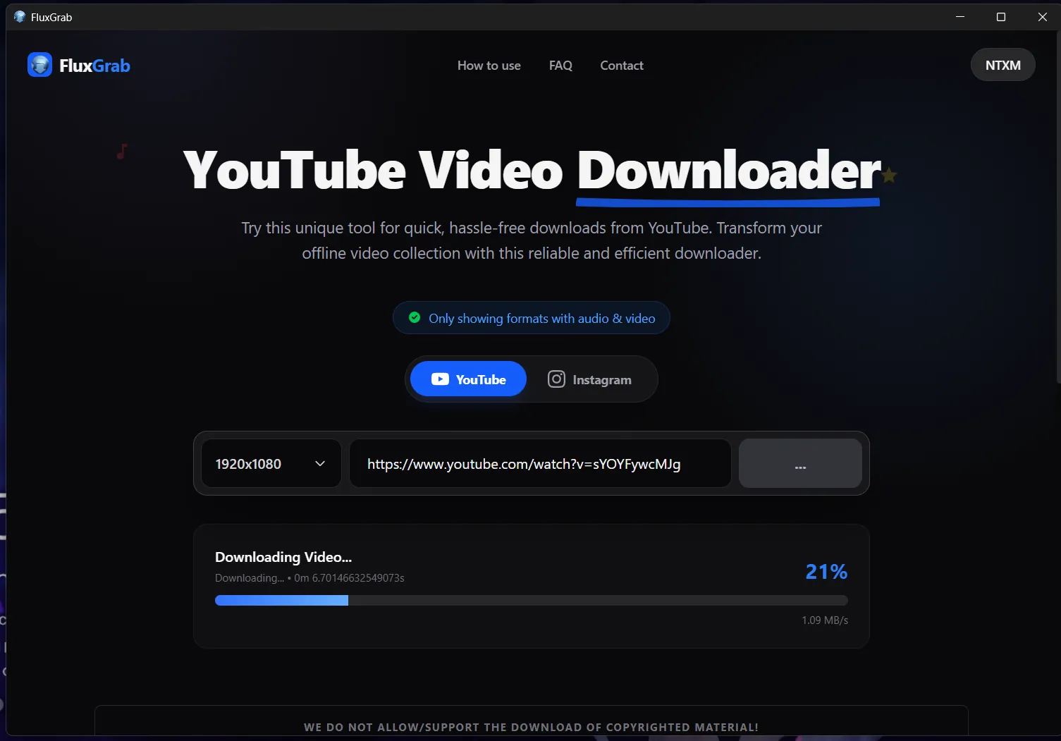 A YouTube video downloading at 1920x1080, with a progress bar at 21% and the current speed.