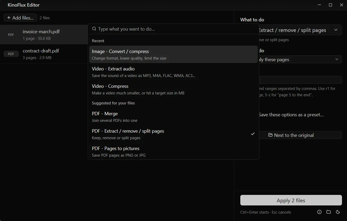 The Ctrl+K action picker listing PDF tools such as Merge, Extract pages and Pages to pictures.