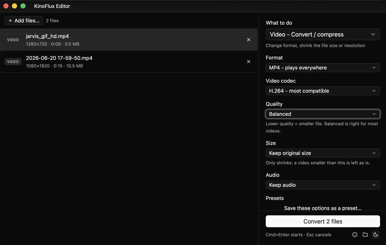KinoFlux Editor on macOS in dark mode with two videos in the file list and the Convert / compress options on the right.
