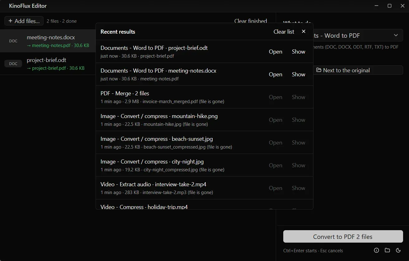 The Recent results panel listing finished jobs across Documents, PDF, Image and Video tools.