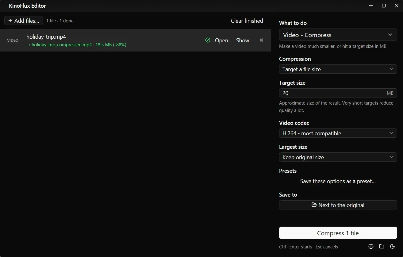 A video compressed to a target size in MB, with the finished file and its new size in the list.