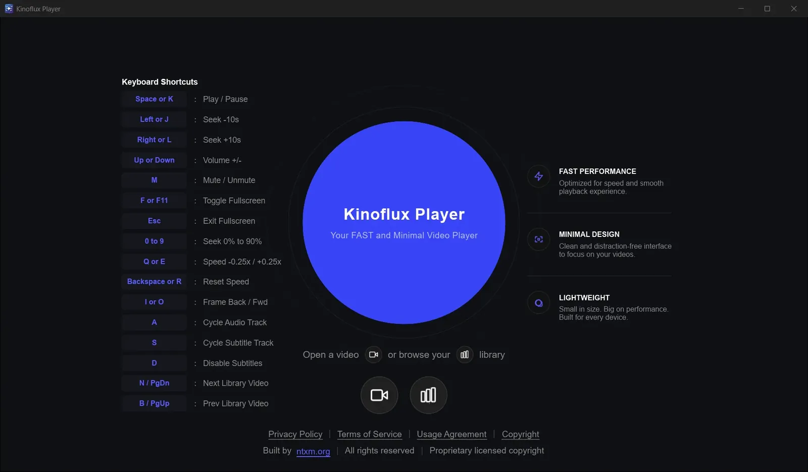 The KinoFlux Player home screen with the full list of keyboard shortcuts and buttons to open a video or browse the library.