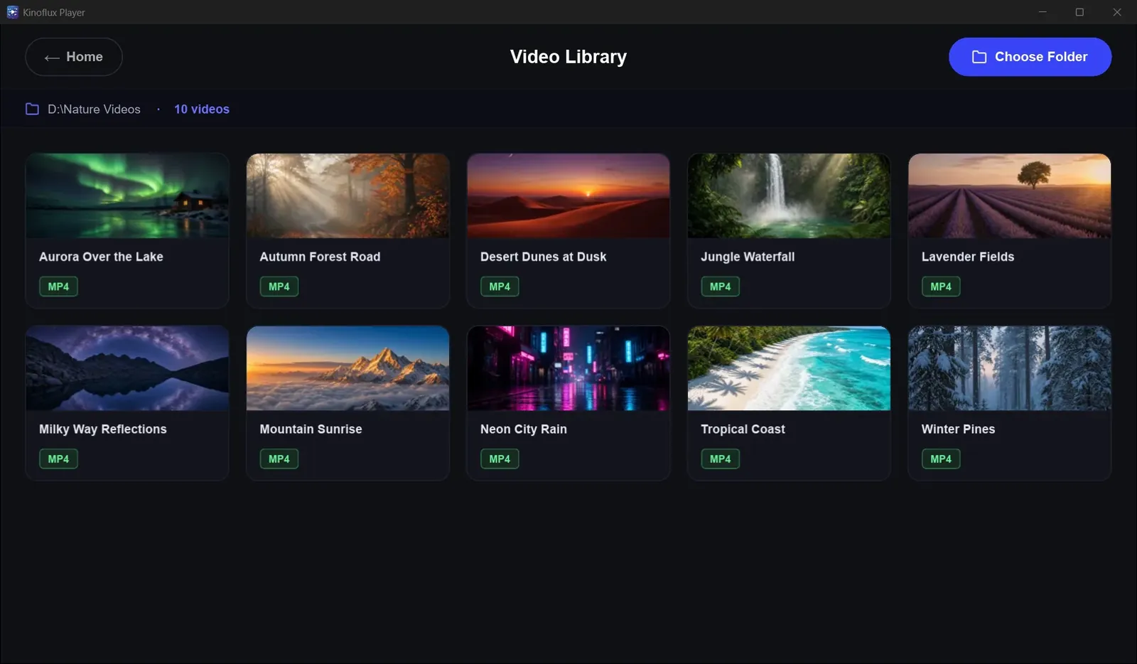 The Video Library showing ten videos from a chosen folder as a thumbnail grid.