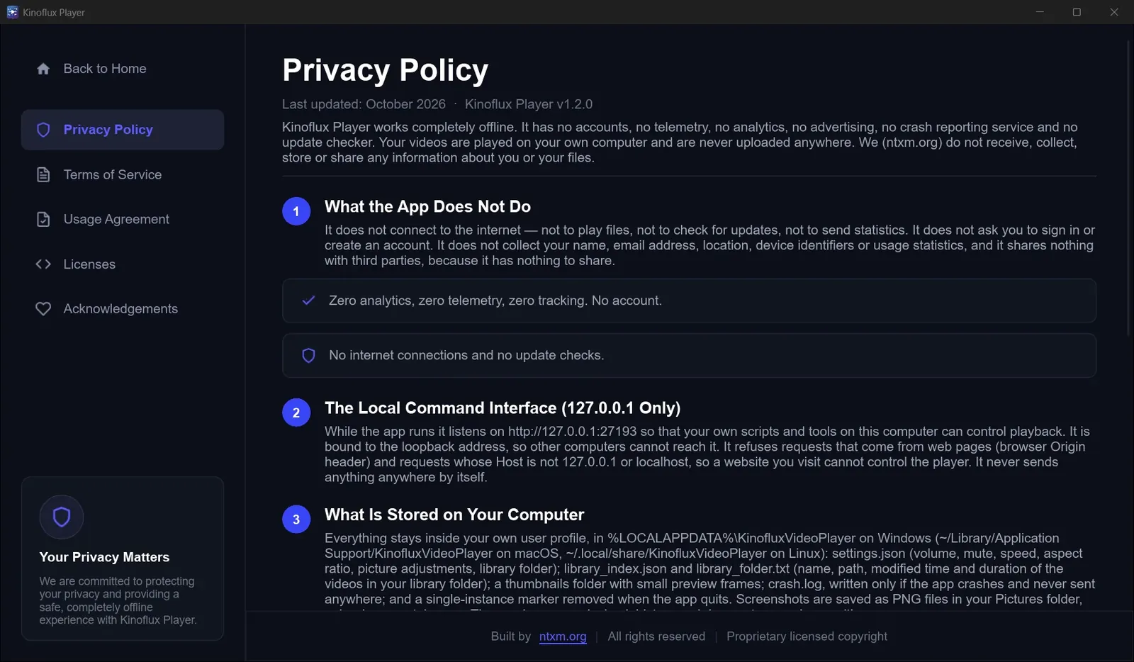 The privacy policy inside the app: no accounts, no telemetry, no analytics and no update checks.