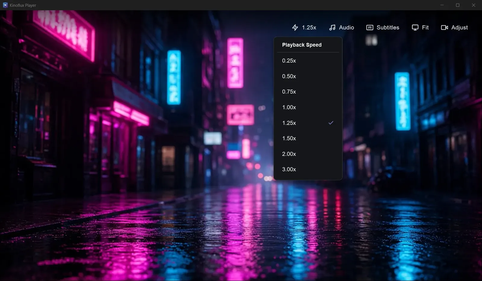 The playback speed menu with steps from 0.25x to 3.00x, set to 1.25x.