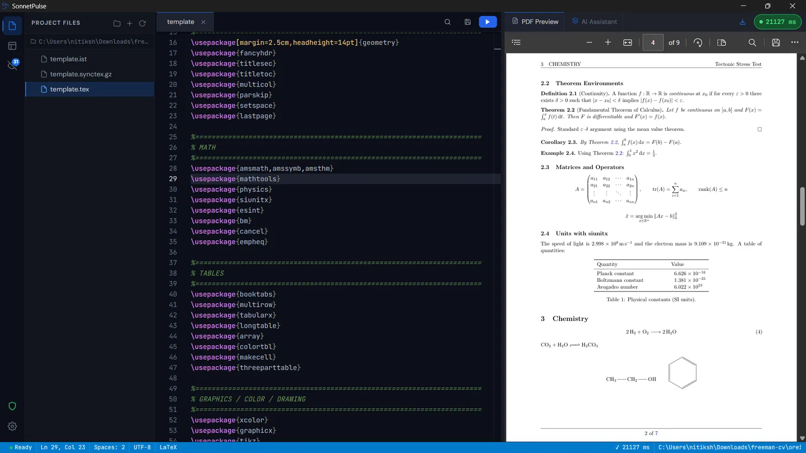A compiled document with equations, a table and a chemistry diagram in the PDF preview.