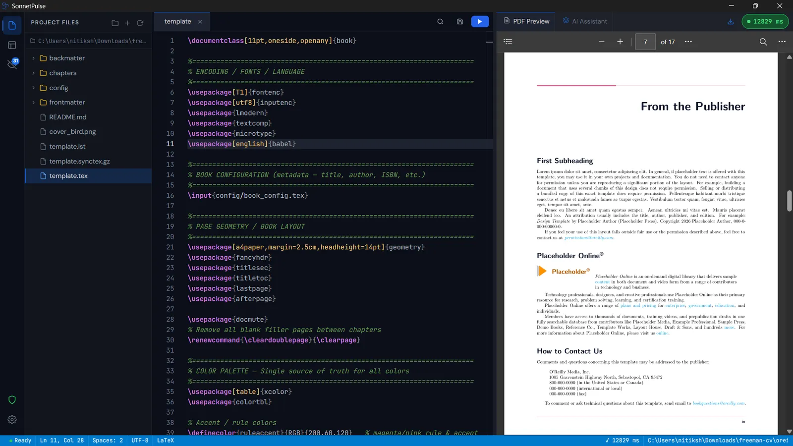 A book template with chapter files in the project tree and the From the Publisher page in the preview.