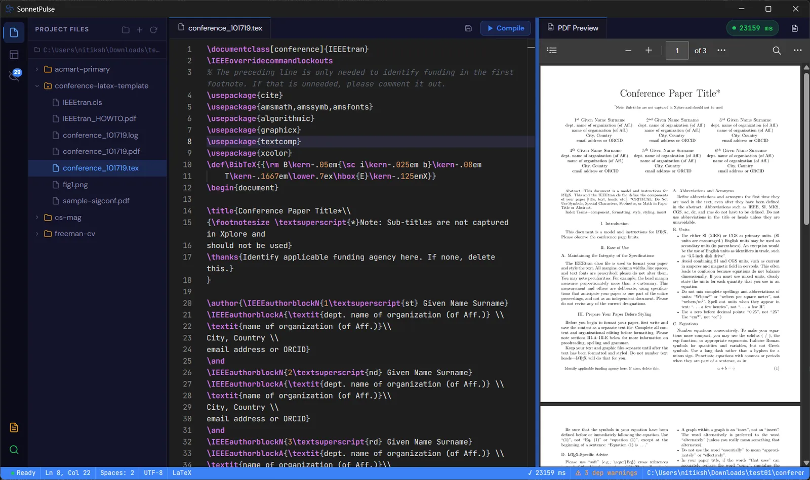 SonnetPulse with a conference paper project: project files on the left, LaTeX source in the editor and the compiled PDF preview on the right.