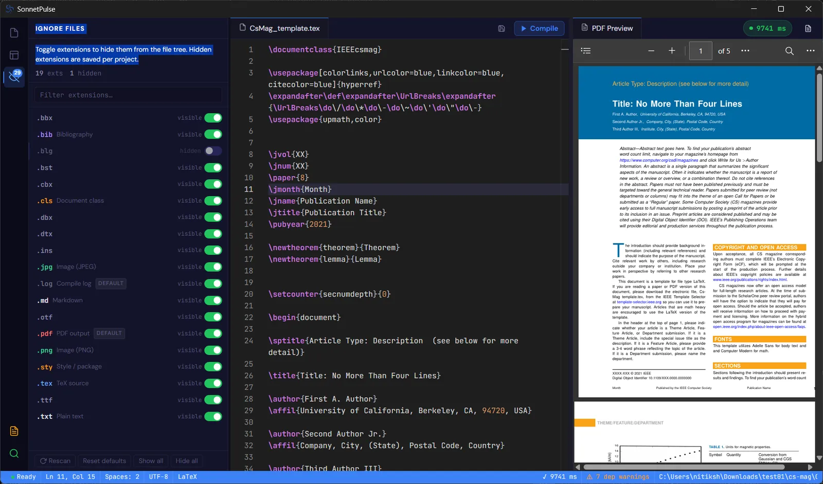 The ignore list with switches that hide build files such as .aux and .log from the project view.