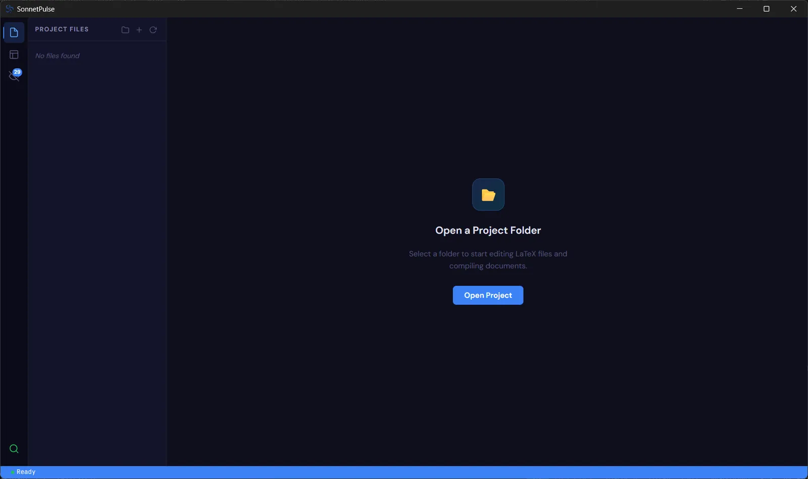 The empty state of SonnetPulse with an Open Project button.