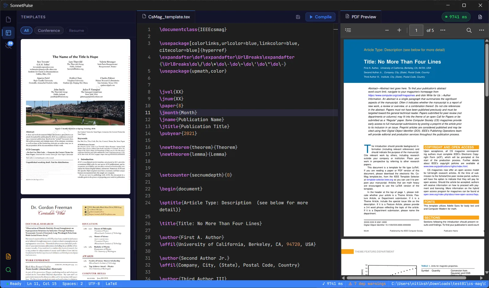 The templates panel with paper and CV previews next to the editor and the PDF preview.