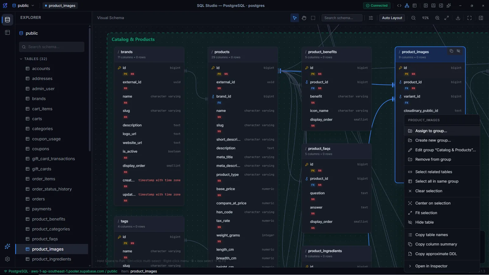 The Schema Visualizer with color-coded table groups, relationship lines and a context menu.