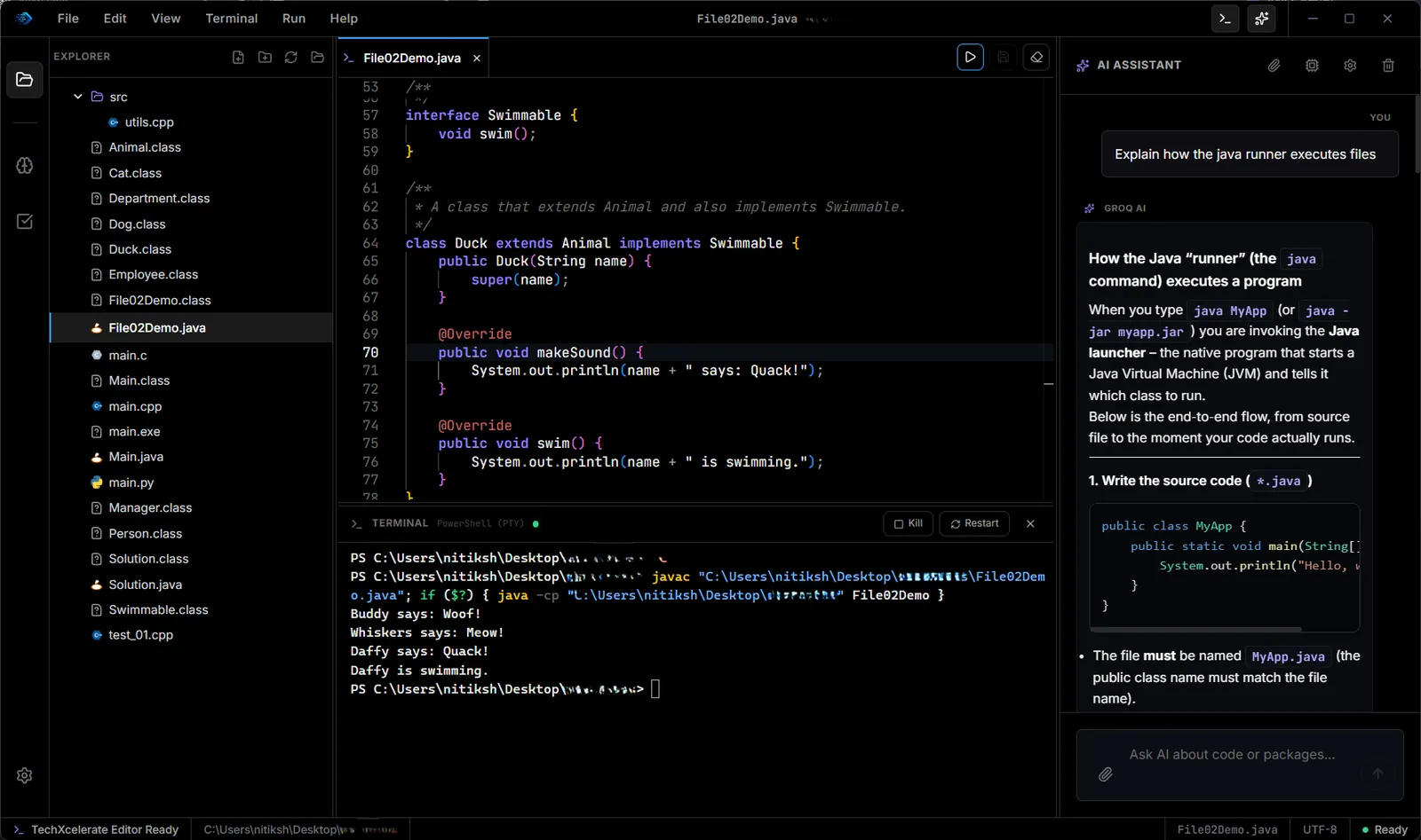 TechXcelerate Editor with a Java project in the explorer, a Java class in the editor, program output in the terminal and the assistant panel on the right.