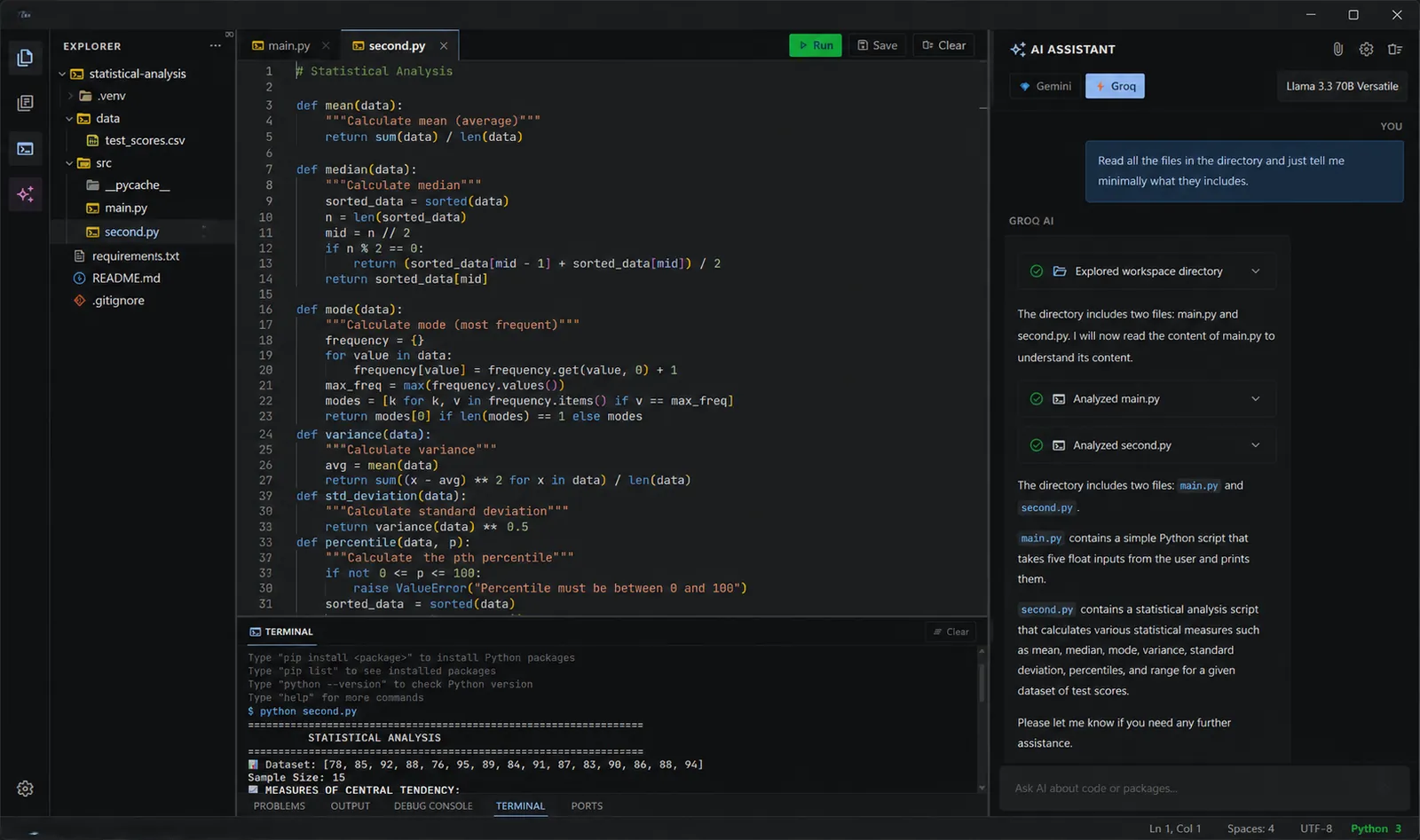 A Python statistics project open in TechXcelerate Editor, with the terminal output below and the assistant reading the workspace files on the right.