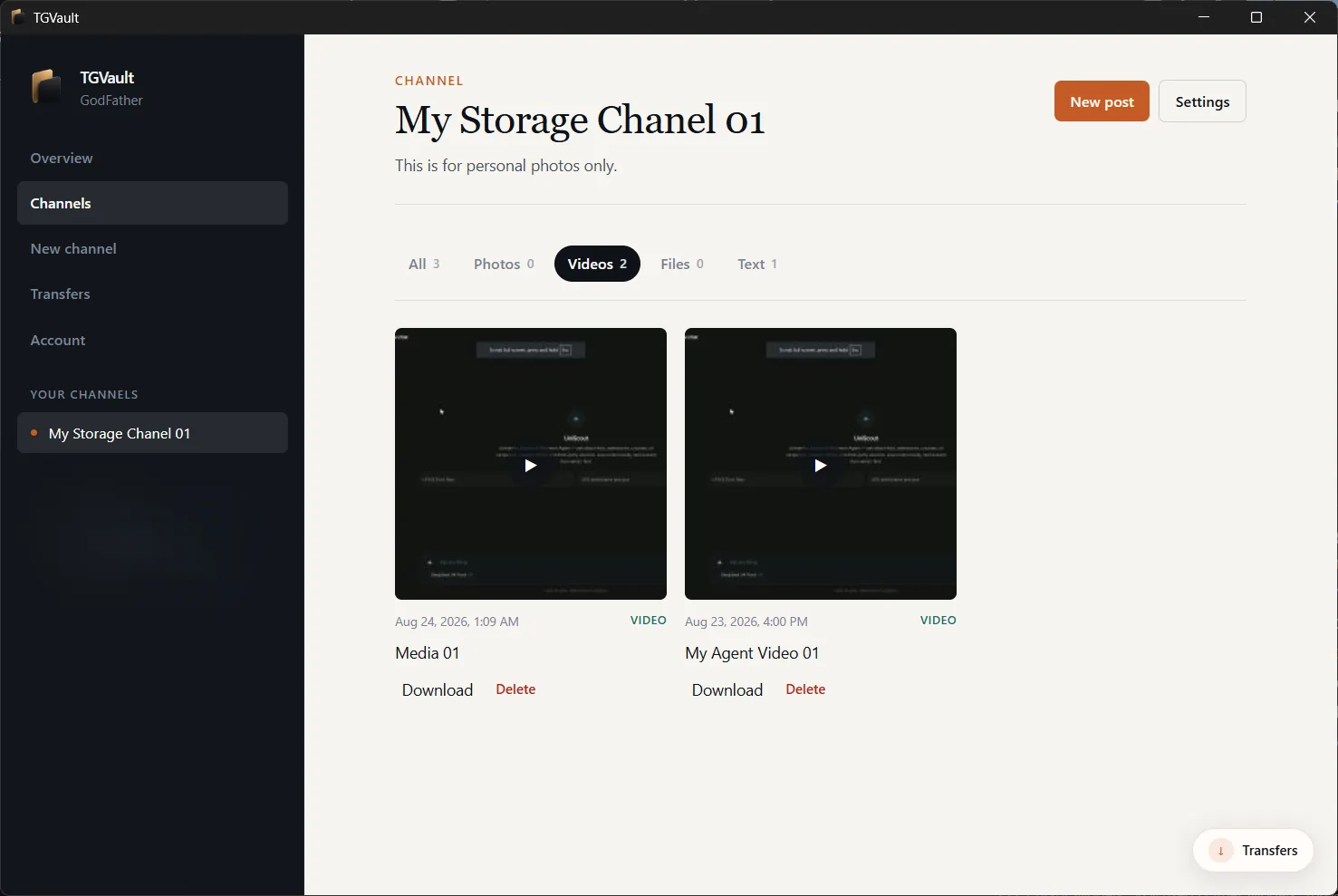 A TGVault channel with All, Photos, Videos, Files and Text filters, video posts with Download and Delete buttons, and a New post button.