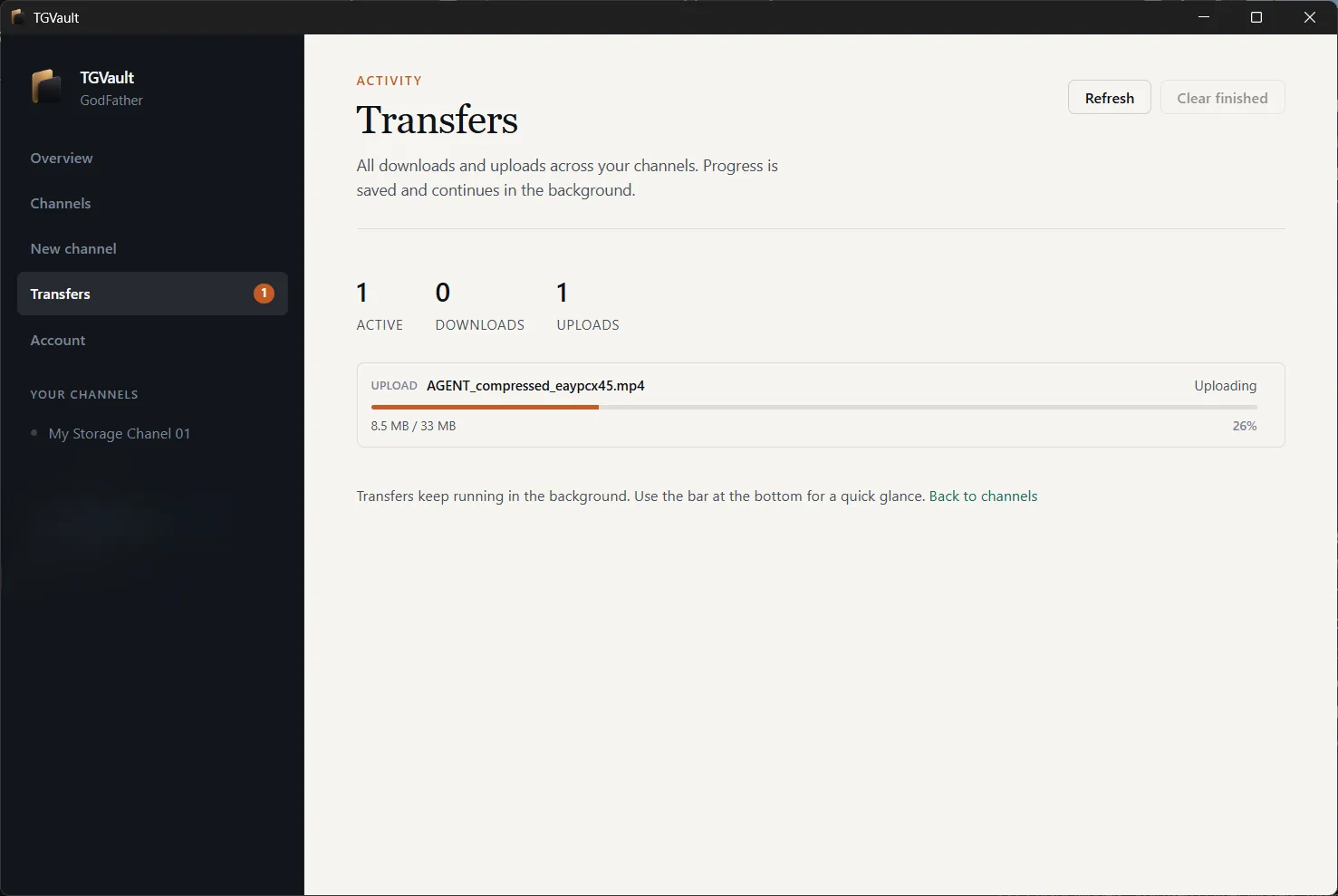 The TGVault Transfers screen with active, download and upload counts and an upload in progress with a progress bar.