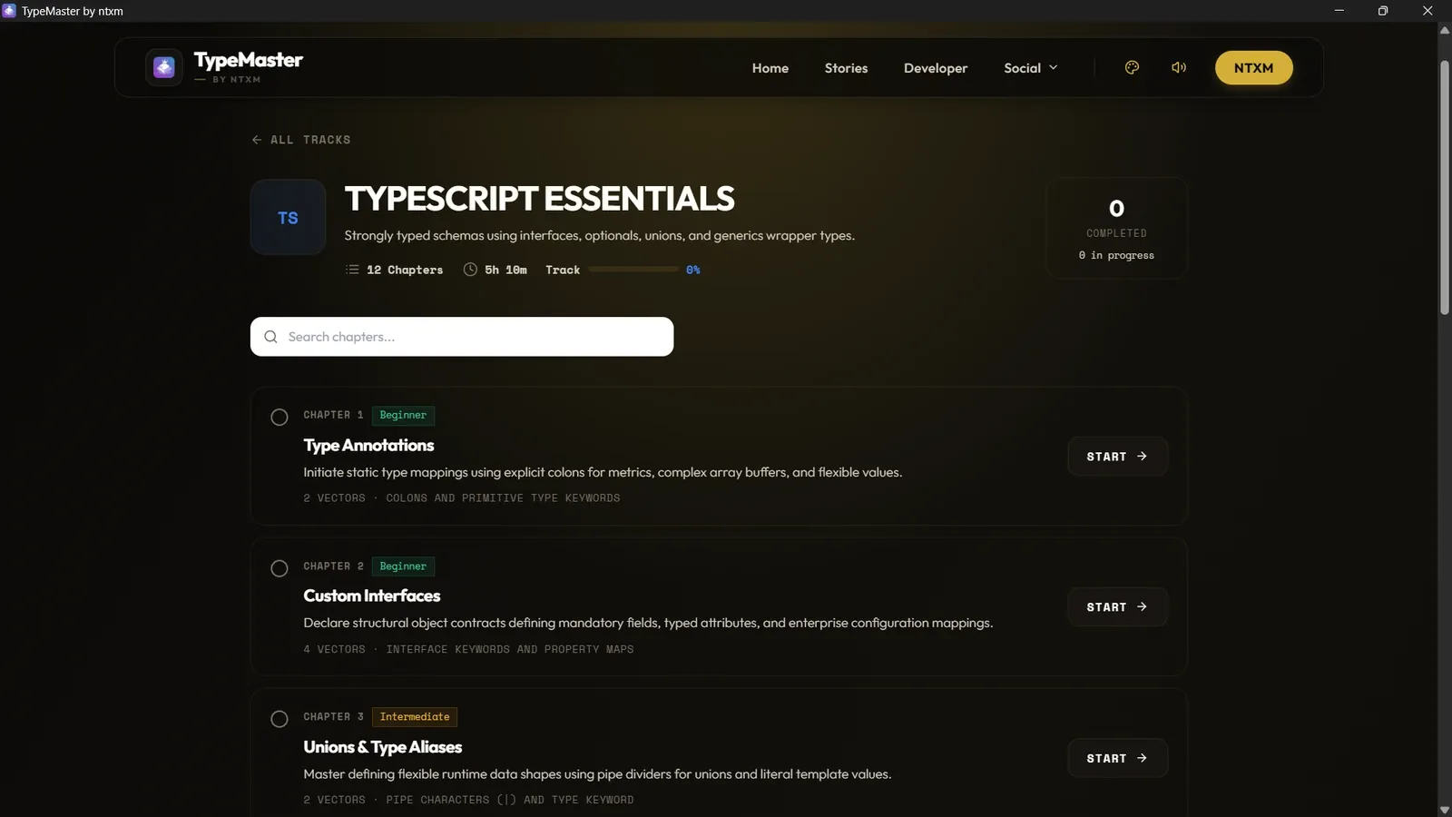 The TypeScript Essentials coding track with lessons such as Type Annotations, Custom Interfaces and Unions.