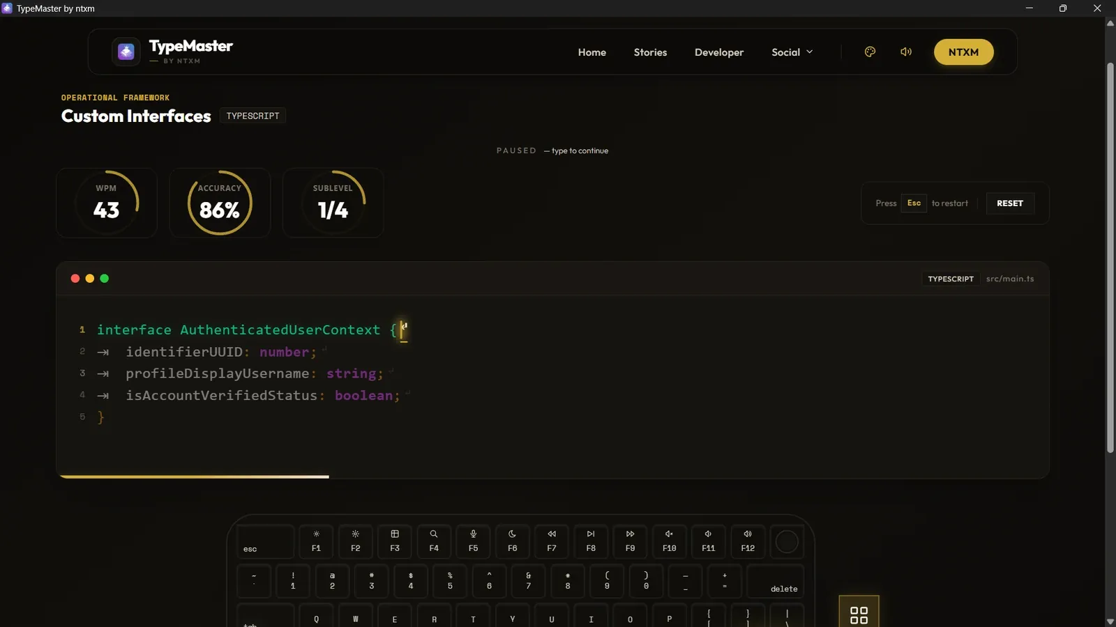 Typing a TypeScript interface in an editor-style panel, with WPM and accuracy rings.