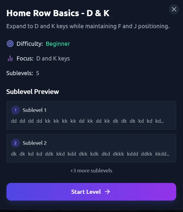 The Home Row Basics D and K level with difficulty, sublevel count and a Start Level button.