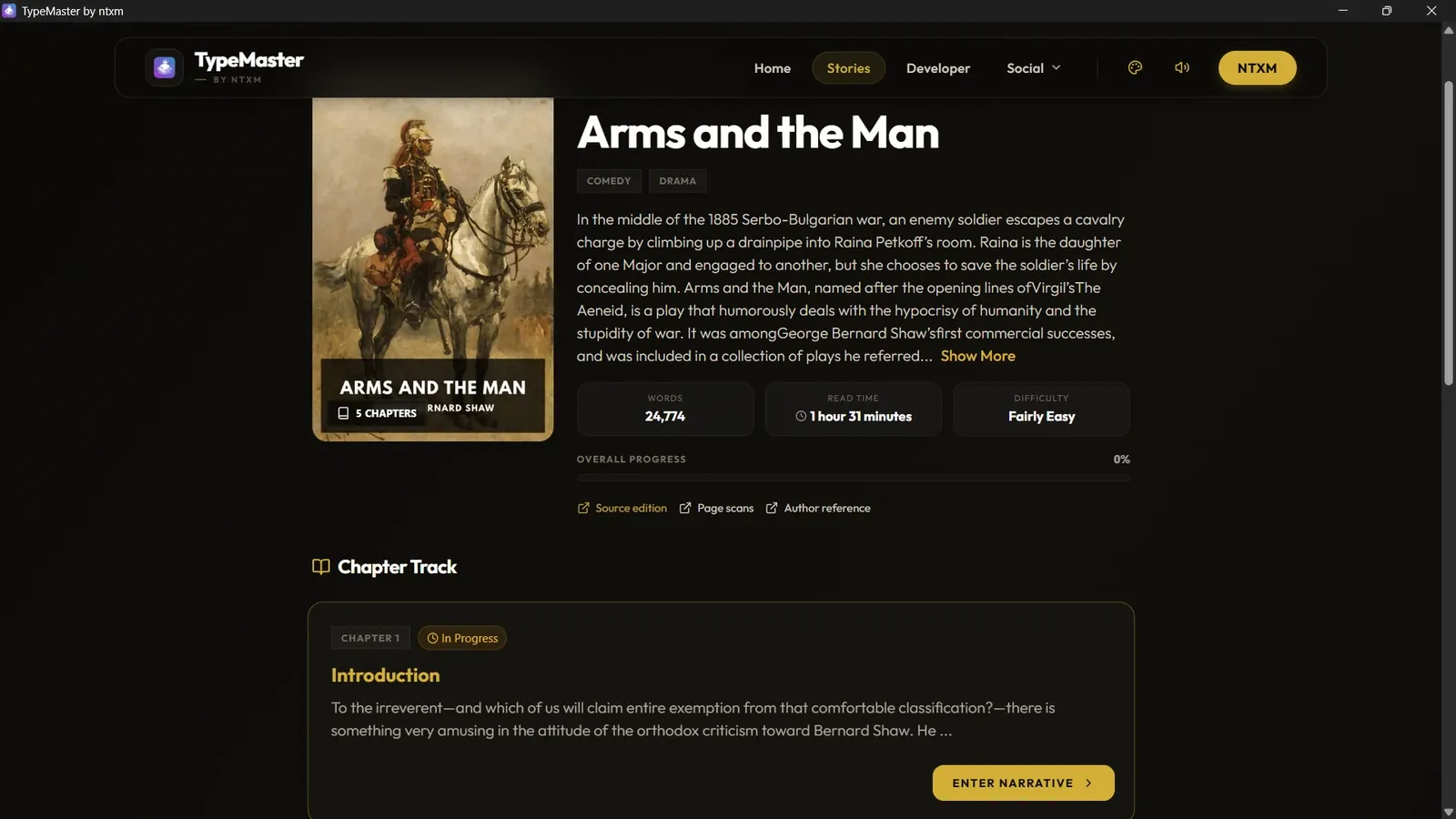 The story page for Arms and the Man with description, word count, reading time, difficulty and a chapter list.