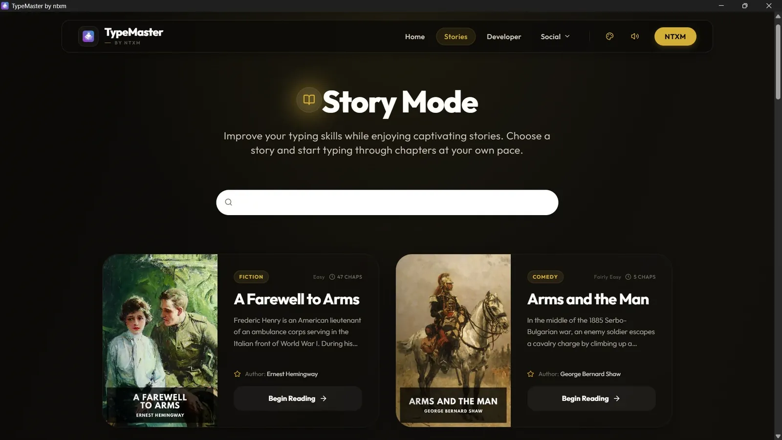 TypeMaster Story Mode with a search box and story cards for A Farewell to Arms and Arms and the Man, each with cover, difficulty and chapter count.
