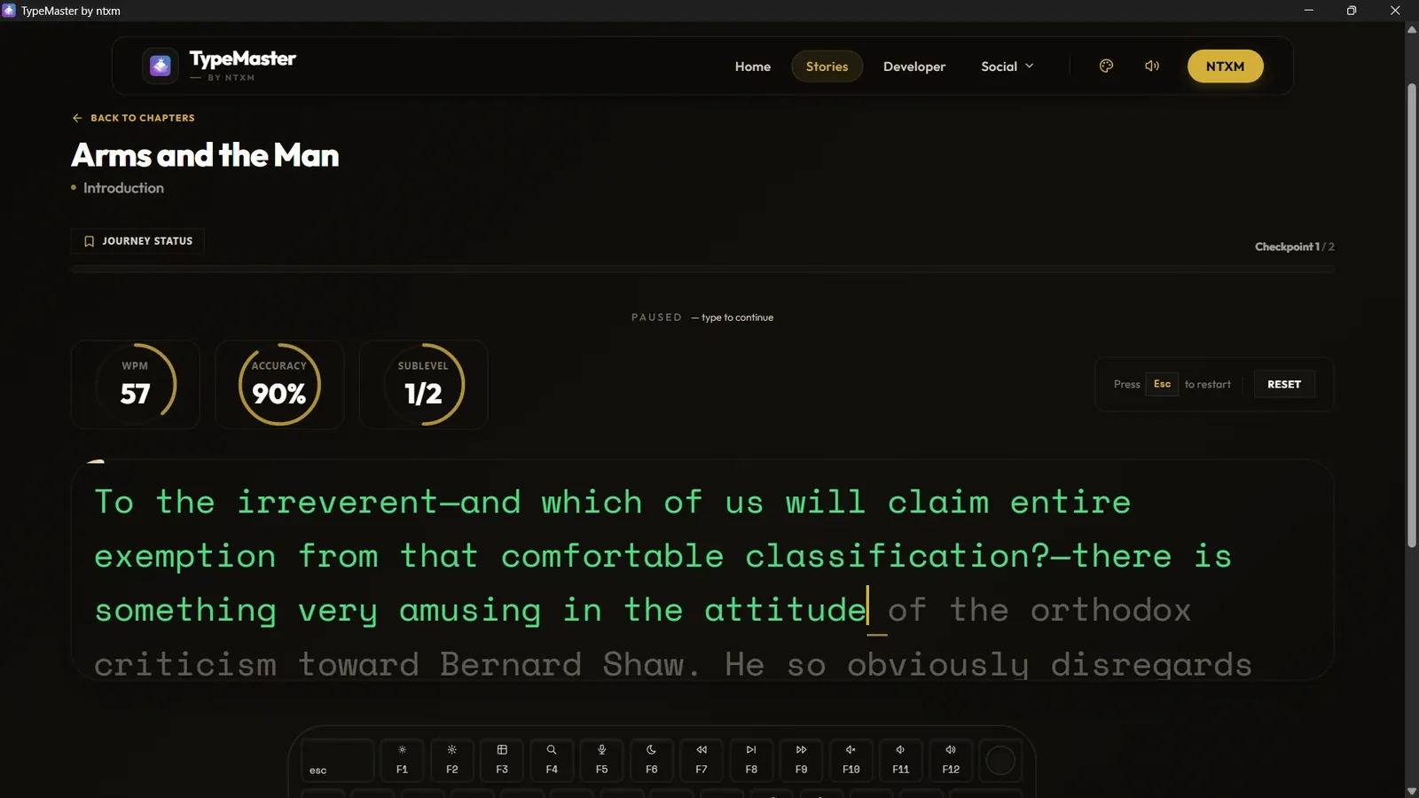A live typing session: WPM, accuracy and progress rings above the text of Arms and the Man, with an on-screen keyboard below.
