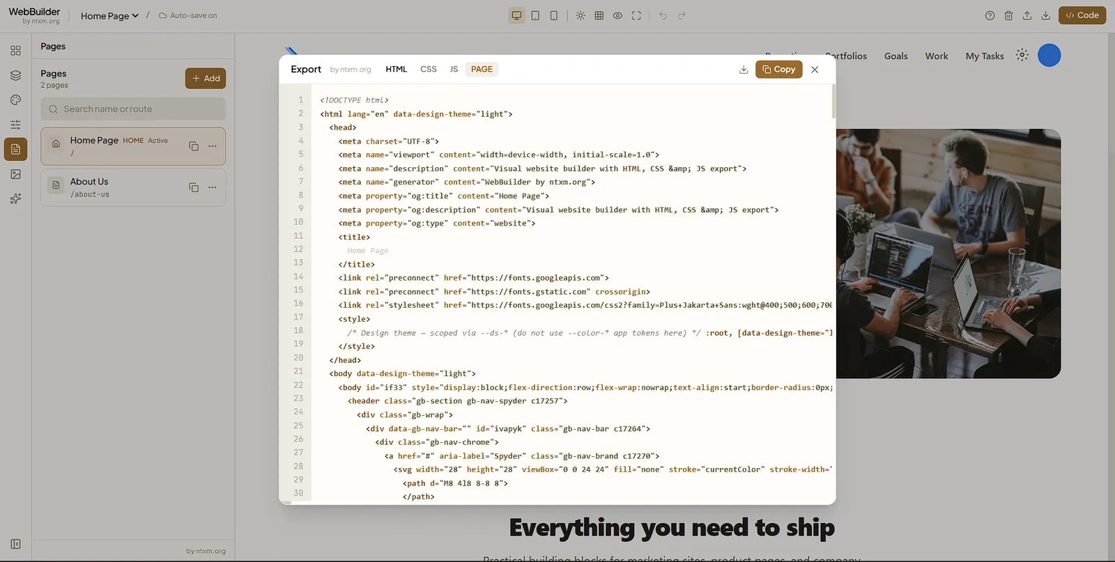 The Export dialog with HTML, CSS and JS tabs and a Copy button over the page.