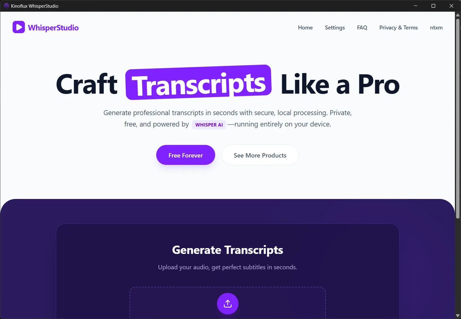 The Whisper Studio home screen with the heading Craft Transcripts Like a Pro and an upload area for audio files.