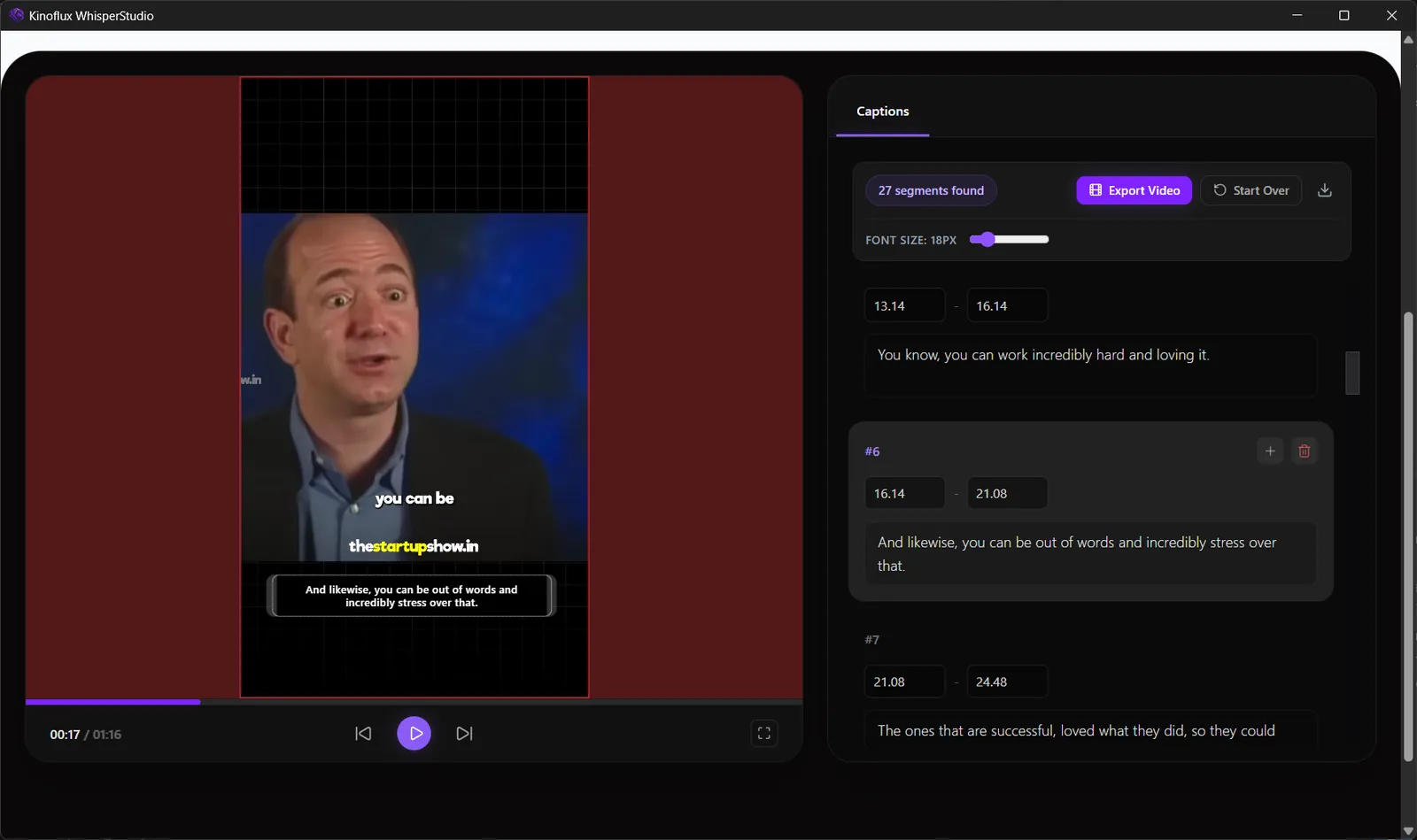 A video preview with burned-in captions next to the captions list, where each timed line can be edited.