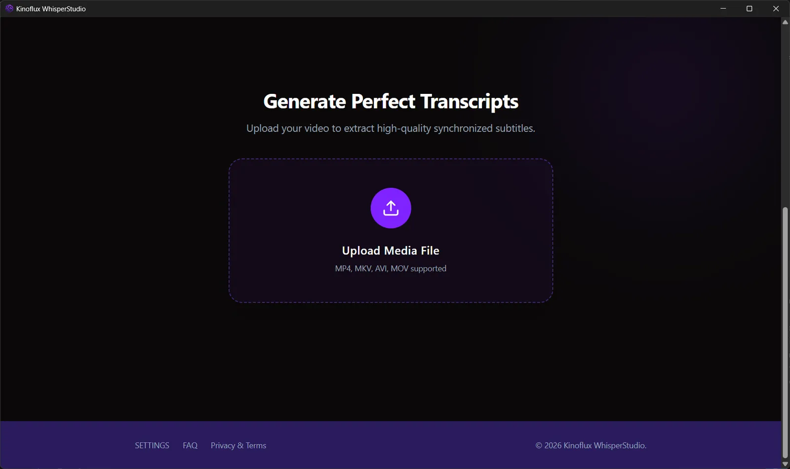 The Generate Perfect Transcripts screen with an Upload Media File button for MP4, MKV, AVI and MOV files.